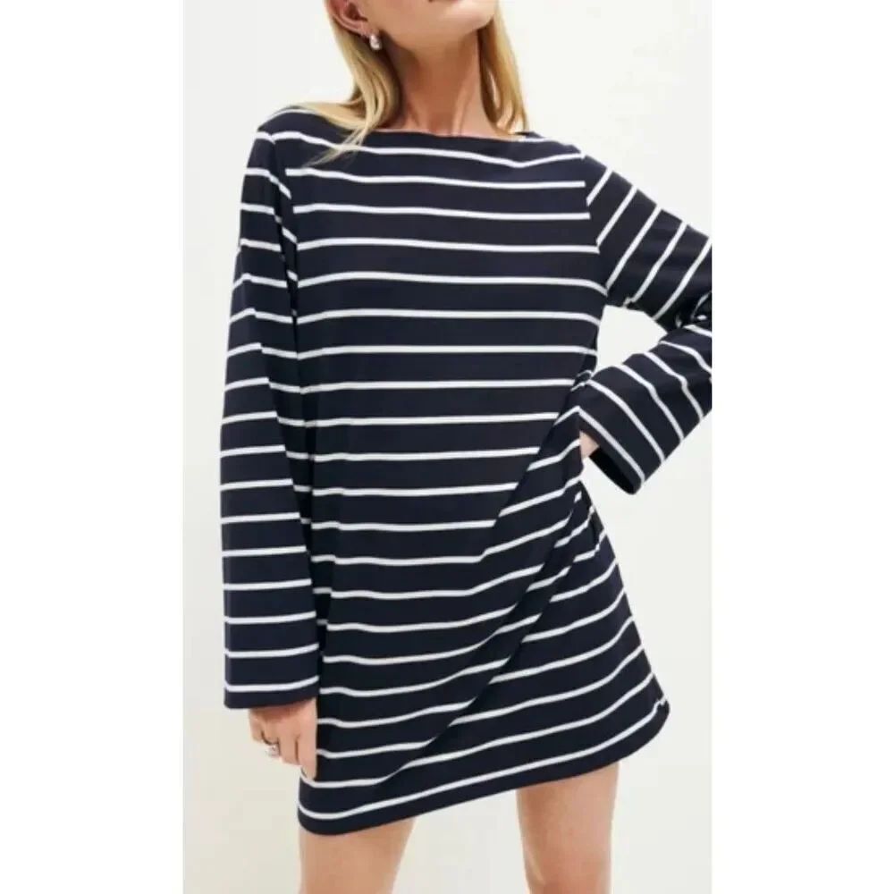 Reformation Junia Knit Dress in Navy and White Stripe shirt dress